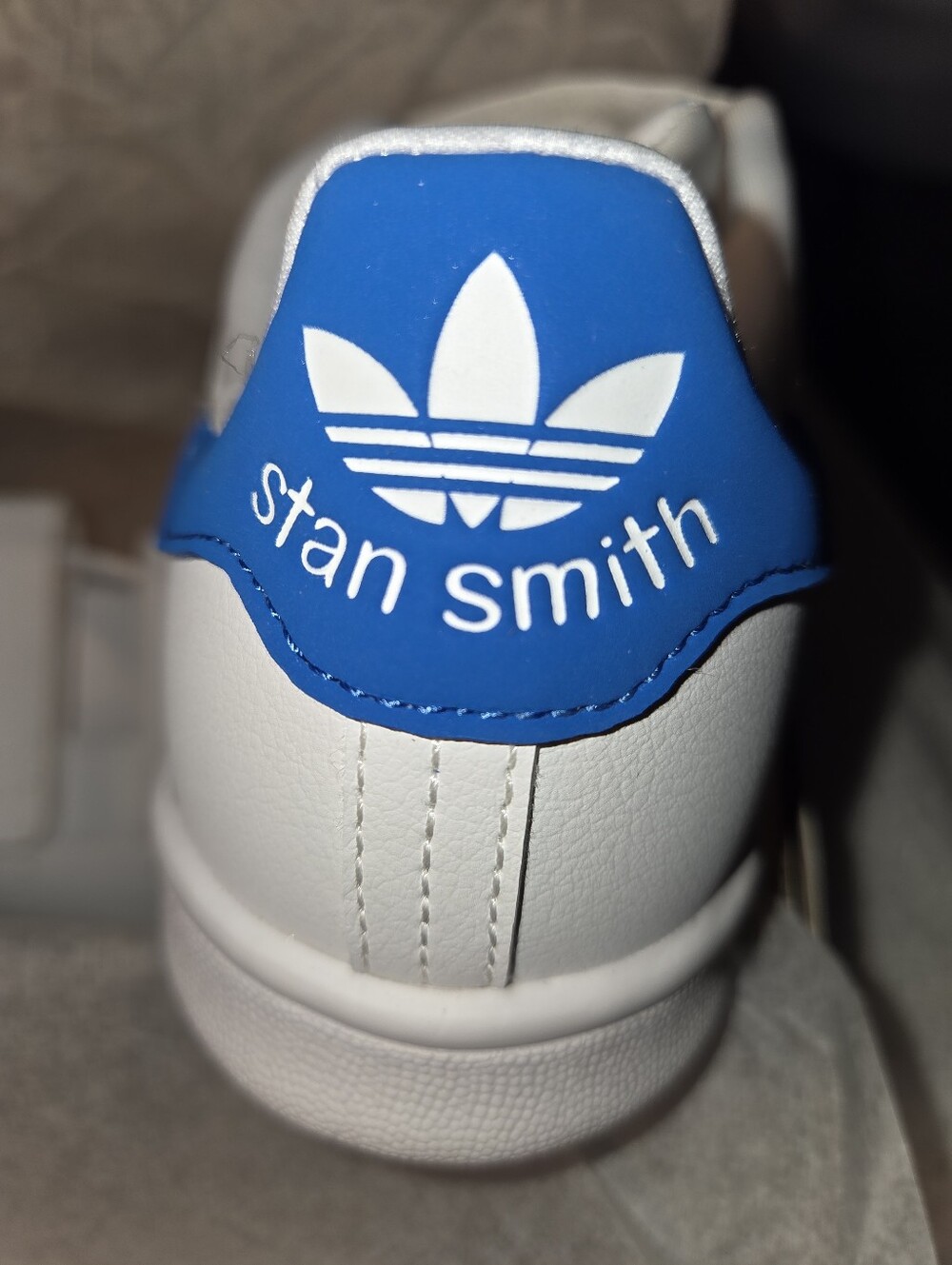 Adidas Stan Smith Kids Leather Sneakers - White with Blue Heel Tab Velcro Close